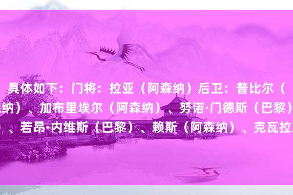 具体如下：门将：拉亚（阿森纳）后卫：普比尔（马竞）、萨利巴（阿森纳）、加布里埃尔（阿森纳）、努诺·门德斯（巴黎）中场：奥利塞（拜仁）、若昂·内维斯（巴黎）、赖斯（阿森纳）、克瓦拉茨赫利亚（巴黎）先锋：登贝莱（巴黎）、凯恩（拜仁）    体育集锦